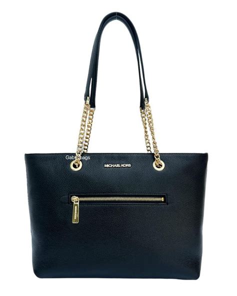 Michael Kors Jet Set Medium Black Leather Front Zip Chain Tote 